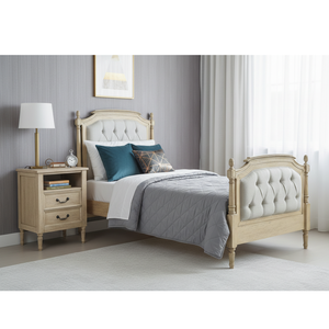 Lit enfant moderne de luxe français en bois massif avec tête de lit capitonnée, style classique, taille double, couleur naturelle pour chambre à coucher - Product Image 2