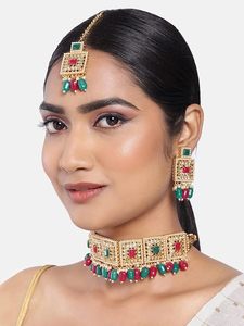 Pendientes de Cristal Geométricos Chapados en Oro de 22K, Conjunto de Joyería de Boda para Mujer, Collar y Pendientes con Incrustaciones de Perlas Étnicas - Product Image 3