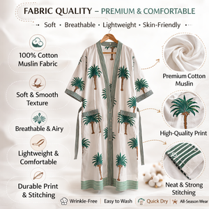 ชุดกิโมโนผ้าฝ้ายลายใบปาล์มเขตร้อนสำหรับผู้หญิง คอวี แขนยาว แต่งขอบตัดสี มีกระเป๋า 2 ช่อง ชุดนอนลายพฤกษศาสตร์ - Product Image 5