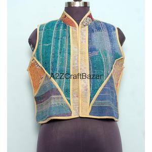 100% Cotton Floral <b>Kantha</b> Waistcoat for Women Handmade Breathable Winter Sleeveless Vest with Patchwork Fabric Vest-Coat Design - Product Image 2