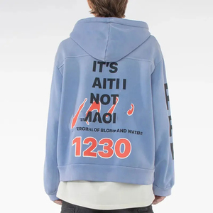 Sweat à capuche oversize en molleton de coton style hip-hop coréen, avec broderie et impression graphique personnalisée, effet délavé, coupe ample et épaules tombantes - Product Image 4