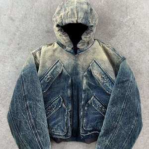 <b>Men's</b> Washed <b>Denim</b> <b>Hooded</b> <b>Jacket</b> Solid Color Zipper Closure Casual Loose Fit Autumn Wear - Product Image 6