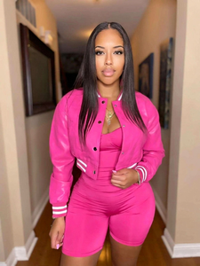 เสื้อแจ็คเก็ตเบสบอลสั้นผู้หญิง ลายพิมพ์สีสันสดใส ผ้าถัก PU ซิป แขนยาว คอวี สไตล์ลำลอง สปอร์ต  แบบหนัง - Product Image 5