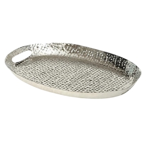 Luxury Bright Silver Oval Hammered Metal Accent <b>Plate</b> Cutout <b>Side</b> Handles Keys Storage Tray Home Living Room Decor - Product Image 1