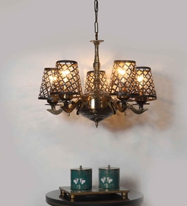 Lustre vintage en laiton, luminaire suspendu traditionnel à 5 lumières, lampe de plafond suspendue de style marocain, abat-jour décoratif en métal - Product Image 6