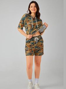 Ensemble short et haut à capuche camouflage 2 pièces pour femme, coupe ample, décontracté, respirant, en polyester tricoté, printemps-été - Product Image 6