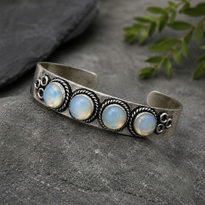 Moon Glow Opalite Four Stone Heritage <b>Cuff</b> Bangle Handmade Gold/<b>Silver</b> Plated Brass Statement Jewelry - Product Image 3