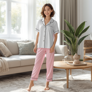 Women Cropped Long Sleeve Full Length Sleepwear <b>Set</b> Soft Comfortable <b>Pajama</b> Loungewear OEM Wholesale Supply - Product Image 5