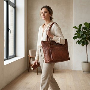 Artist's Creation Vintage Women Genuine Leather Tote <b>Bag</b> Lightweight Durable Shoulder Handbag Two Straps Zipper Closure 3L+ - Product Image 2