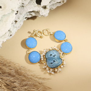 Luxury Blue Druzy & Carved <b>Stone</b> Statement <b>Bracelet</b> – Gold Plated Pearl Designer Handcrafted Jewelry - Product Image 2