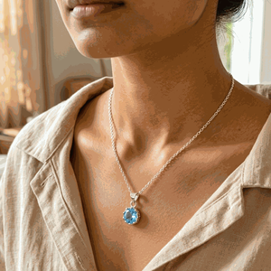 Collier pendentif en topaze bleue Jeweltech, serti clos, fait main, délicat, en argent sterling 925, chaîne Figaro, forme fleur, pierre précieuse - Product Image 5