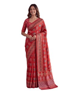 <b>Red</b> Ajrak Digital Print Silk <b>Saree</b> For Women Traditional Wedding Wear Floor Length Wrinkle Free Regular Fit India Pakistan Style - Product Image 2