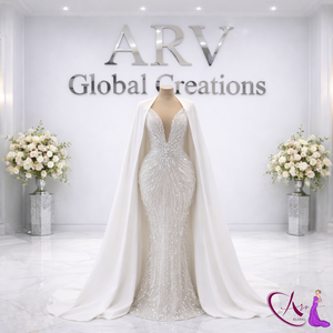 Vestido de Novia Sirena de Lujo con Adornos en Color Marfil |   Vestido de Novia con Cuello en V Profundo y Adornos de Cuentas, con Elegante Cola de Capa, Diseño de Alta Costura - Product Image 4