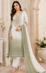 Salwar Kameez brodé blanc et vert dégradé pour femme avec dupatta, tenue traditionnelle indienne et pakistanaise, longueur ras du sol, coupe classique - Product Image 2
