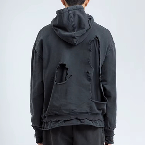 Hoodie Ripped Oversized Manufacturer Wholesale <b>Men's</b> Garment Distressed Hoodies Custom French Terry Vintage - Product Image 3