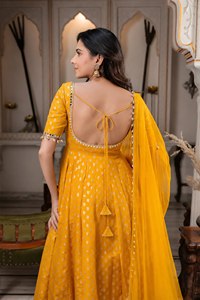 Traje Anarkali de 3 piezas para mujer, de modal, para invierno, estilo tradicional indio, con estampado de lámina amarilla, protección solar, pakistaní, al por mayor - Product Image 2