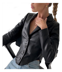 Women's Black Genuine Leather Moto Jacket Full Sleeve <b>Zipper</b> Closure Stand Collar Autumn Style - Product Image 4