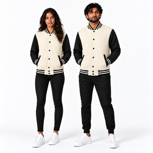Blouson universitaire unisexe noir, couleur unie, fermeture boutonnée, style décontracté, coupe classique, pour l'automne, en laine et viscose respirante - Product Image 1