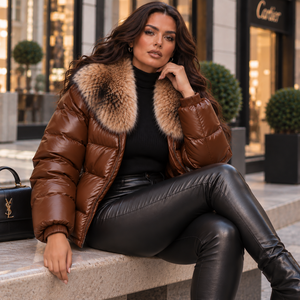 Chaqueta de cuero acolchada de lujo para mujer con cremallera, cuello de piel de zorro, cortavientos, estilo urbano, ropa de abrigo de invierno - Product Image 6
