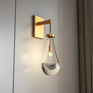 Modern Gold-Iron Wall Sconce Raindrop Glass Shade Dimmable LED E12 <b>Bulb</b> Model D0100XFAHGW for <b>Bathroom</b> Vanity Living Room 1 Pack - Product Image 1