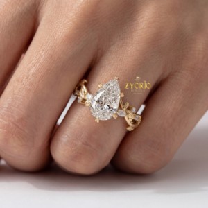 Anillo Romántico con Diamante Cultivado en Laboratorio, Corte Pera, VS, Diseño de Hoja Inspirado en la Naturaleza, Oro, para Compromiso, Boda, Aniversario, Propuesta de Matrimonio - Product Image 1