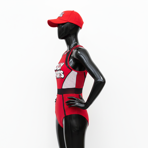 Traje de baño de una pieza para mujer, tela de spandex premium, paneles laterales de malla roja y negra, logotipo personalizado con transferencia térmica, traje de baño para mujer - Product Image 3