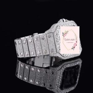 Montre pour homme en acier inoxydable de style hip-hop avec cadran analogique en cristal de verre, diamant carré antique en moissanite, résistante à l'eau - Product Image 1
