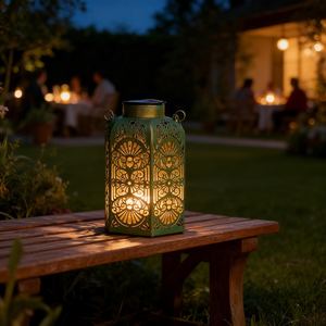 Solar Metal Lantern Outdoor Vintage <b>Moroccan</b> Style Decor Iron Candle Holder Green Patterned <b>Light</b> Garden Patio Home Decoration - Product Image 3