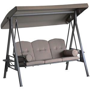 Dondolo da Giardino a 3 Posti in Acciaio Marrone con Tettuccio e Vassoi Laterali, Design Moderno, Comodo per Veranda - Product Image 1