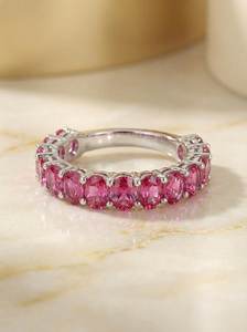 Pink Tourmaline Wedding <b>Ring</b> Shared Prong Eternity <b>Ring</b> 925 Sterling <b>Silver</b> 14K Gold Plated October Birthstone - Product Image 2
