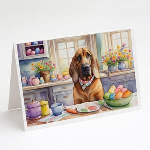 Whimsical Easter Bloodhound Tarjetas de felicitación Paquete de 8 A7 Tamaño 5x7 Tarjetas de notas en blanco con sobres para decorar - Product Image 1