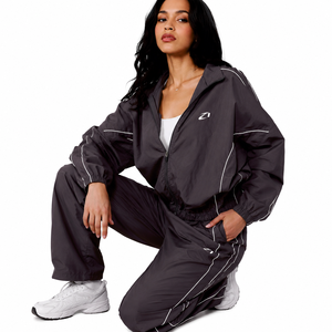 Custom Women's Dark Grey Nylon Windbreaker Stripe Tracksuit Lightweight Full Zip <b>Jacket</b> and Athletic Pants Set Wholesale Hoodies - Product Image 3