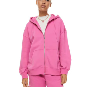 Women Pink Hooded Zip-Up Sweatshirt Full Sleeve Solid Color Casual Loose Fit 100% Cotton Autumn Streetwear <b>Tracksuit</b> Top - Product Image 1