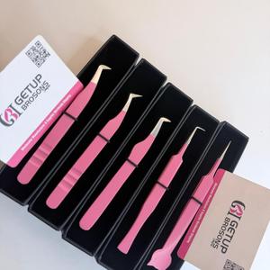 Ensemble de pinces professionnelles pour extensions de cils, en acier inoxydable rose, antistatiques, avec découpe en forme de chat, pinces à cils 90°/droites/courbées/en forme de botte/45° - Product Image 3