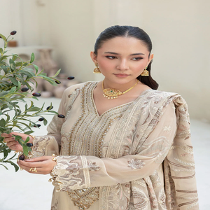 ชุดส่าหรีปักลายสีเบจสำหรับผู้หญิง ชุดแต่งงานแบบดั้งเดิมความยาวคลุมเท้า สไตล์อินเดีย ปากีสถาน ชุดคุर्ติพร้อมกางเกงสำหรับผู้หญิง - Product Image 1