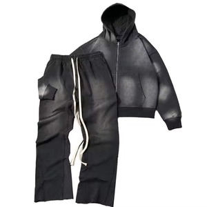 Sudadera con capucha personalizada con cremallera, logotipo bordado, corte inverso, lavado ácido, estilo vintage, conjunto de sudadera y pantalón de chándal de felpa gruesa para hombre - Product Image 4