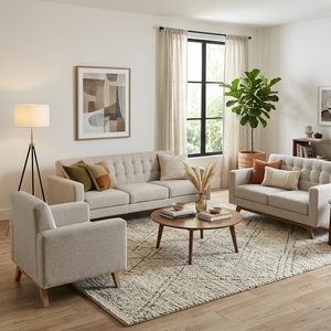 Moderno Conjunto de Sofá para Sala de Estar con Base de Madera de Teca Sólida, Sofá de 3 Plazas, Sillón, Tapizado en Tela Acolchada - Product Image 5