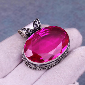 จี้เงินแท้ 925 ประดับพลอยสีชมพูรูปไข่ขนาดใหญ่ สร้อยคอแฟชั่น ขายส่งเครื่องประดับ - Product Image 1