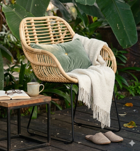 Chaise de salle à manger moderne en rotin naturel, fauteuil d'extérieur en osier, mobilier scandinave pour patio, café, restaurant avec pieds en métal - Product Image 5