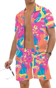 Conjunto para Hombre, Estilo Años 90, Bloques de Color, 2 Piezas, Chaqueta de Manga Corta y Pantalones Cortos Retro para Fiesta - Product Image 3