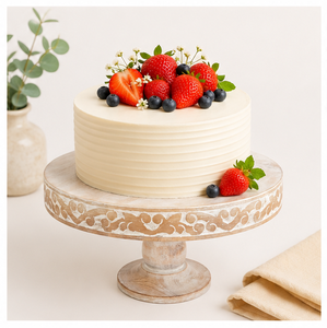 Handcrafted Mango Wood <b>Cake</b> <b>Stand</b> With Intricate Scroll Carvings Elegant <b>White</b>-Wash Finish Pedestal For Wedding <b>Cakes</b> Dessert - Product Image 4