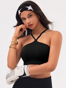 Ladies Keyhole Front Activewear Bra Strappy Halter Neck Gym <b>Crop</b> <b>Top</b> Elastic Ribbed Underband Athleisure Exercise Bralette - Product Image 5