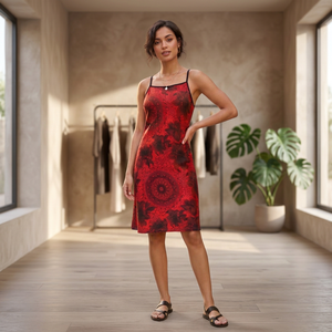 Robe en rayonne rouge à imprimé floral, coupe droite, sans manches, longueur genou, style décontracté d'été, respirante et tissée - Product Image 4