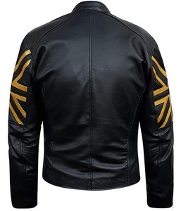 Blouson en cuir noir haut de gamme pour homme, coupe ajustée, avec patch drapeau doré, en cuir d'agneau véritable, vêtement de moto, vente en gros - Product Image 4