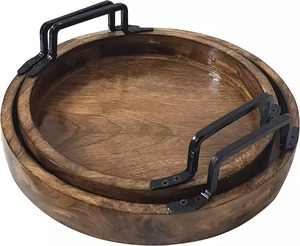 Bandeja Redonda de Madera Natural con Asas Metálicas, Diseño Retro Hecho a Mano, Vajilla de Madera Sólida para Fiestas - Product Image 1
