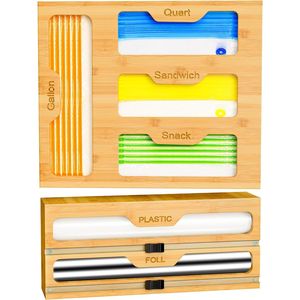 Organizzatore in bambù con 2 dispenser per pellicole e 4 scomparti per sacchetti in plastica per alimenti da cucina - Product Image 1