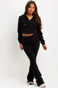 Pantalons de jogging et de survêtement évasés pour femmes, 100% coton, tissu éponge, style streetwear, fermeture éclair et design avec patchs - Product Image 5