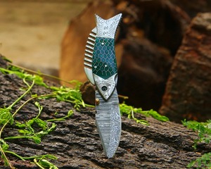 Damascus Steel Folding Pocket <b>Knife</b> <b>Fish</b> Shape Handle Handmade EDC Camping Hunting Utility Blade - Product Image 2