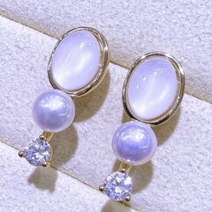 French Tiger Eye Stone White Butterfly Shell Retro Freshwater Pearl Single Zirconium Circular Geometric <b>Fine</b> <b>Dangle</b> <b>Earrings</b> - Product Image 3