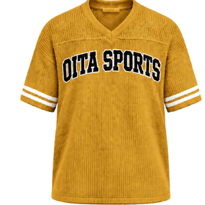 Mustard <b>Yellow</b> Knit V Neck Sports Jersey Short Sleeve Stripe Detail Lightweight Custom Oversized Casual Athletic Team <b>Shirt</b> - Product Image 1
